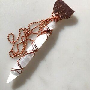 Selenite Healing Wand Pendant Pendulum LONG Reiki Crystal Necklace Shamanic